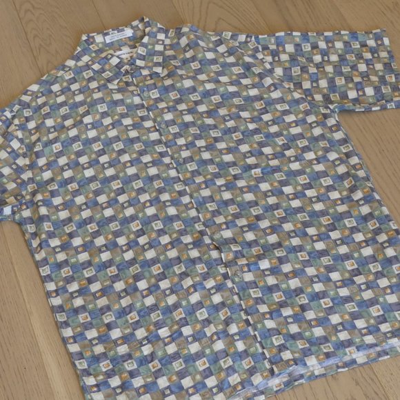 Pierre Cardin Rayon Green/Blue/White Medium Button Down Shirt - Picture 3 of 8